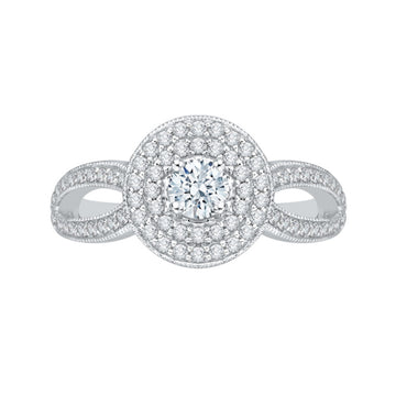 Round Diamond Double Halo Engagement Ring with Split Shank In 14K White Gold